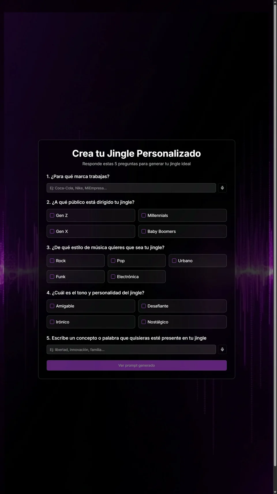 Formulario de una demo de creación musical — MazeLab