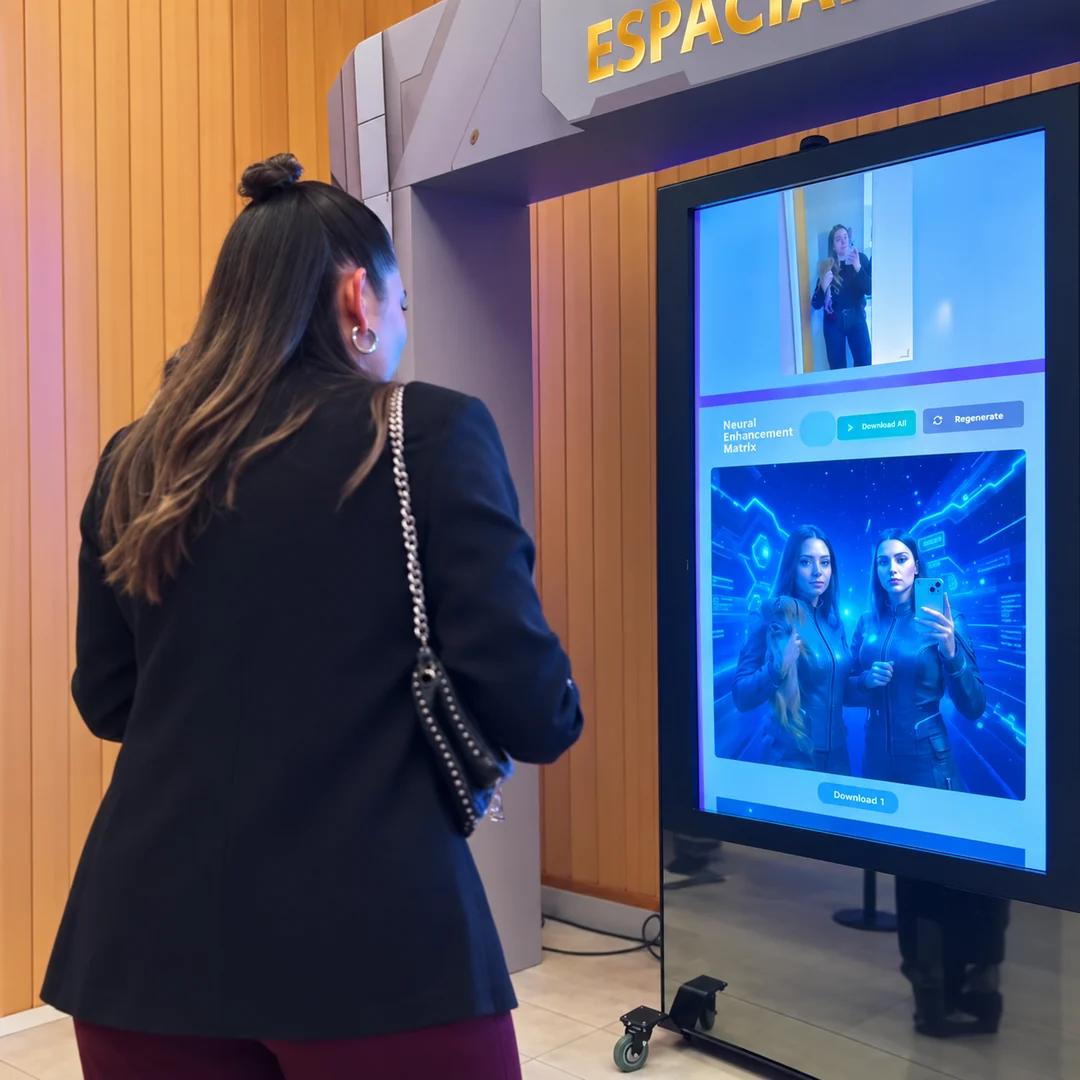 Aidentity: invitada frente al tótem de MazeLab, con su foto y la transformación temática en pantalla