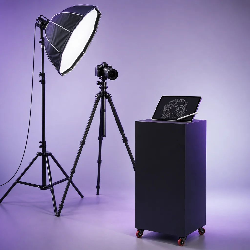 Illustrator Booth: cámara, iluminación y tablet de dibujo sobre plinto