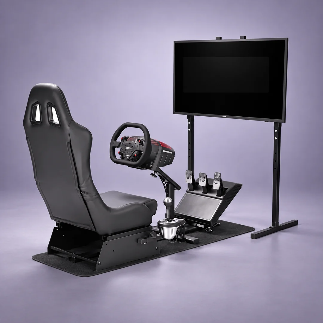 Simulador de carreras: asiento, volante, palanca, pedales y pantalla del equipo de referencia