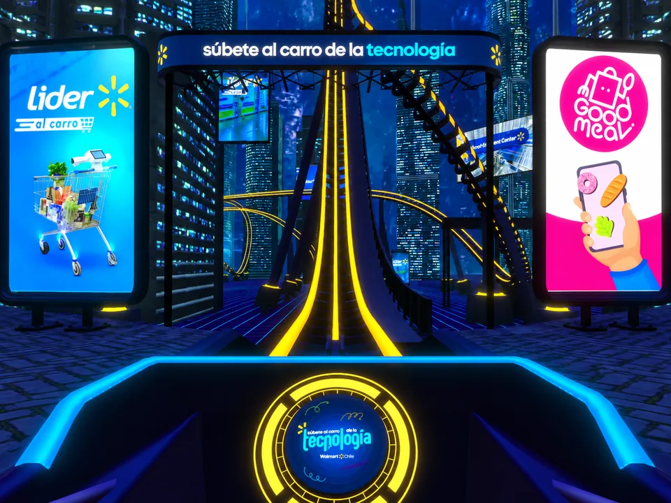 Portada editada del desarrollo de montaña rusa virtual para Walmart: pista amarilla y ciudad digital