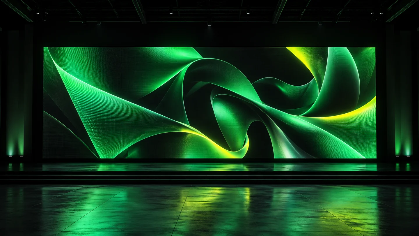 Visual conceptual generado con IA: contenido abstracto verde y amarillo presentado en una pantalla de un escenario imaginario.
