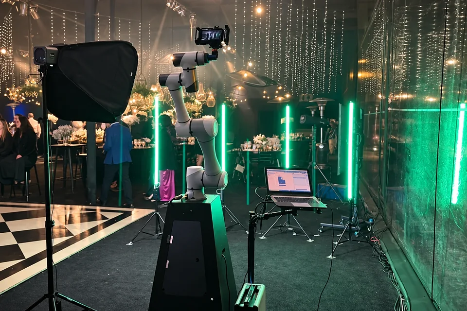Montaje real de Glambot en un evento, fotografía retocada